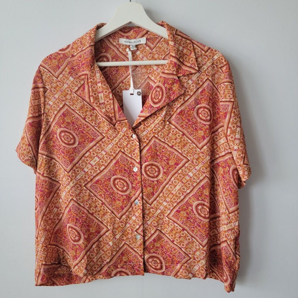 Rose & Olive Women’s Collar Button Up Blouse sz XL Geometric Orange short sleeve